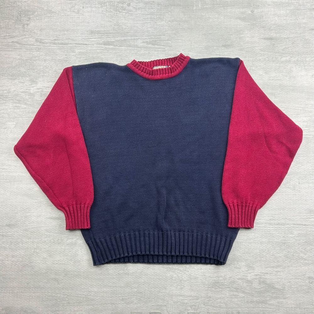 Vintage 90s Tide‎ Water Traders Sweater Size Medium Navy Blue Red Two Tone Boho